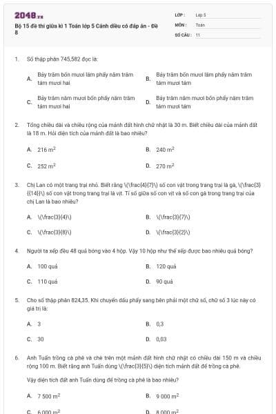 Bộ 15 đề thi giữa kì 1 Toán lớp 5 Cánh diều có đáp án - Đề 8