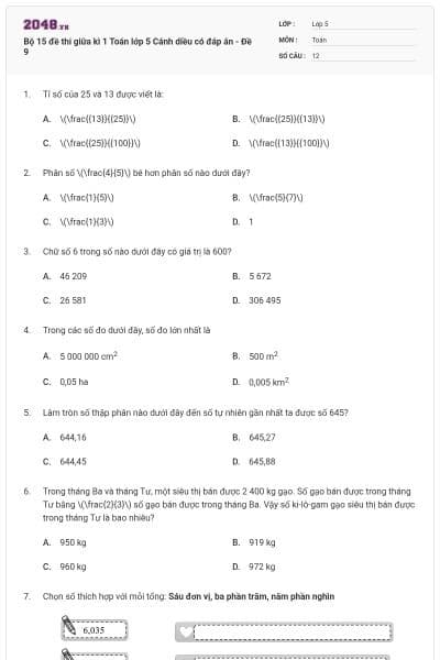 Bộ 15 đề thi giữa kì 1 Toán lớp 5 Cánh diều có đáp án - Đề 9