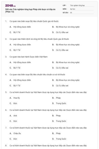 500 câu Trắc nghiệm tổng hợp Pháp chế dược có đáp án (Phần 13)