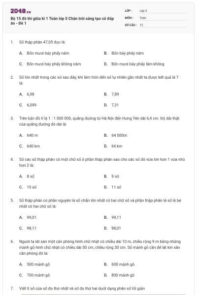 Bộ 15 đề thi giữa kì 1 Toán lớp 5 Chân trời sáng tạo có đáp án - Đề 1