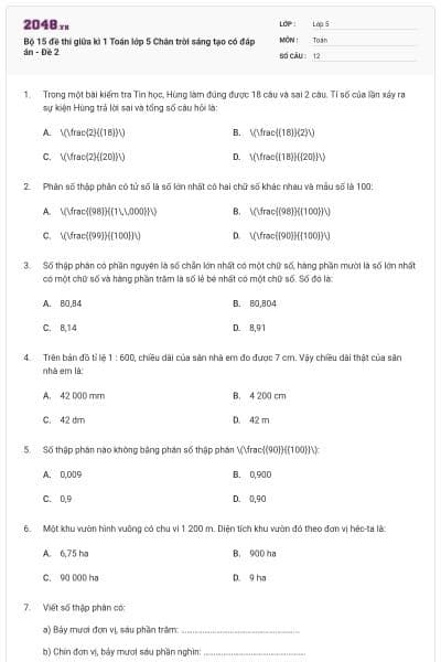 Bộ 15 đề thi giữa kì 1 Toán lớp 5 Chân trời sáng tạo có đáp án - Đề 2