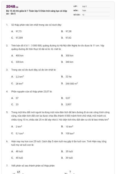 Bộ 15 đề thi giữa kì 1 Toán lớp 5 Chân trời sáng tạo có đáp án - Đề 5
