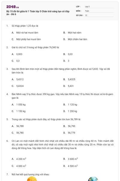 Bộ 15 đề thi giữa kì 1 Toán lớp 5 Chân trời sáng tạo có đáp án - Đề 6