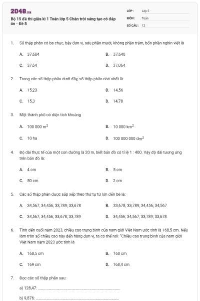 Bộ 15 đề thi giữa kì 1 Toán lớp 5 Chân trời sáng tạo có đáp án - Đề 8