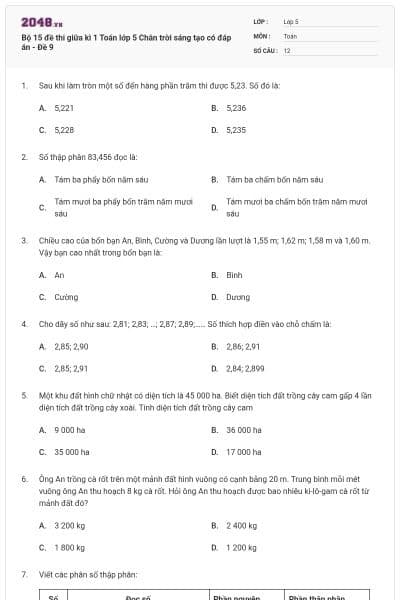 Bộ 15 đề thi giữa kì 1 Toán lớp 5 Chân trời sáng tạo có đáp án - Đề 9