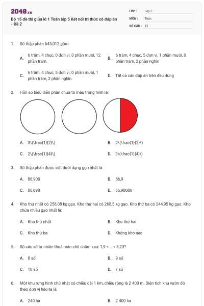 Bộ 15 đề thi giữa kì 1 Toán lớp 5 Kết nối tri thức có đáp án - Đề 2