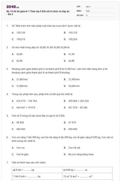 Bộ 15 đề thi giữa kì 1 Toán lớp 5 Kết nối tri thức có đáp án - Đề 3