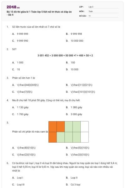 Bộ 15 đề thi giữa kì 1 Toán lớp 5 Kết nối tri thức có đáp án - Đề 4