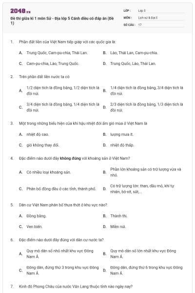 Đề thi giữa kì 1 môn Sử - Địa lớp 5 Cánh diều có đáp án (Đề 1)