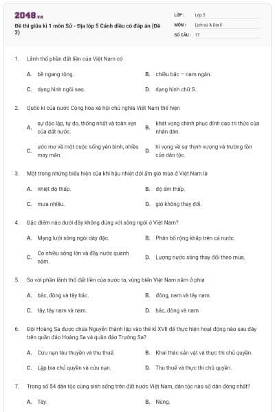 Đề thi giữa kì 1 môn Sử - Địa lớp 5 Cánh diều có đáp án (Đề 2)
