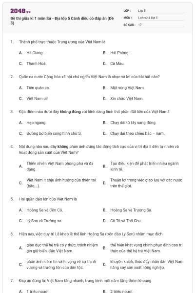 Đề thi giữa kì 1 môn Sử - Địa lớp 5 Cánh diều có đáp án (Đề 3)