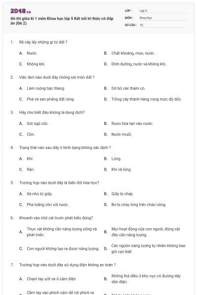 Đề thi giữa kì 1 môn Khoa học lớp 5 Kết nối tri thức có đáp án (Đề 2)