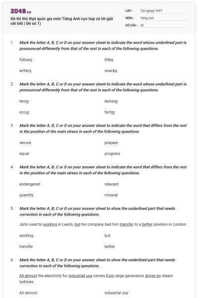 Đề thi thử thpt quốc gia môn Tiếng Anh cực hay có lời giải chi tiết ( Đề số 1)