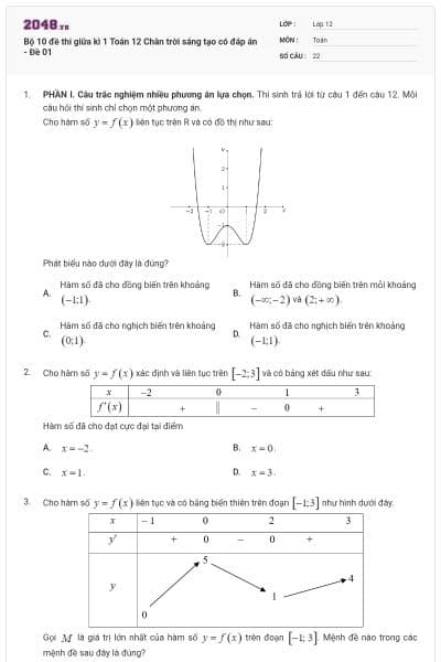 Bộ 10 đề thi giữa kì 1 Toán 12 Chân trời sáng tạo có đáp án - Đề 01