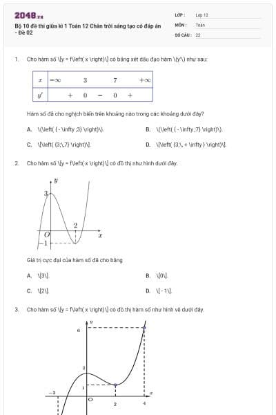 Bộ 10 đề thi giữa kì 1 Toán 12 Chân trời sáng tạo có đáp án - Đề 02