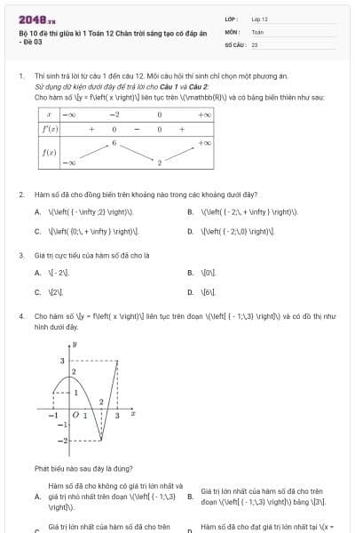 Bộ 10 đề thi giữa kì 1 Toán 12 Chân trời sáng tạo có đáp án - Đề 03