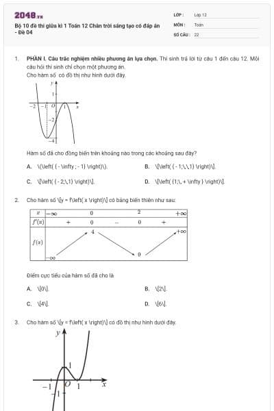 Bộ 10 đề thi giữa kì 1 Toán 12 Chân trời sáng tạo có đáp án - Đề 04