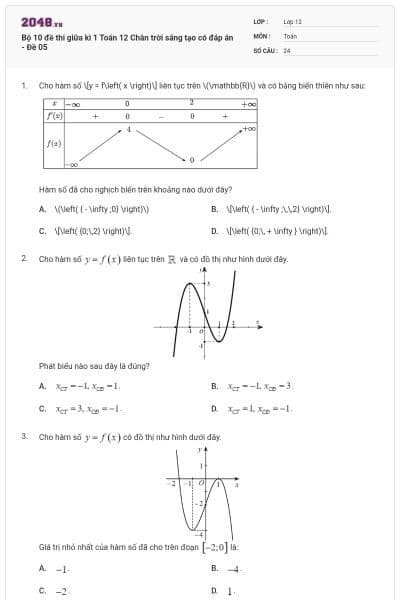 Bộ 10 đề thi giữa kì 1 Toán 12 Chân trời sáng tạo có đáp án - Đề 05