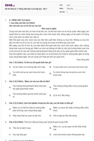 Đề thi Giữa kì 1 Tiếng Việt lớp 5 (có đáp án) - Đề 7