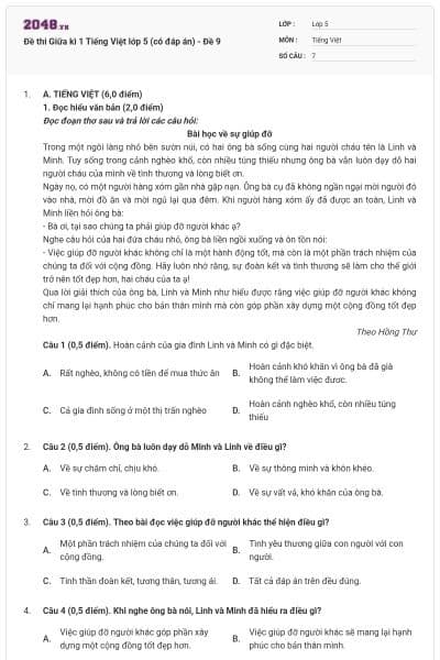 Đề thi Giữa kì 1 Tiếng Việt lớp 5 (có đáp án) - Đề 9