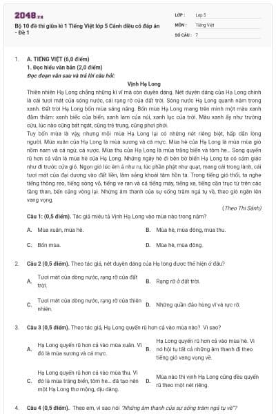 Bộ 10 đề thi giữa kì 1 Tiếng Việt lớp 5 Cánh diều có đáp án - Đề 1