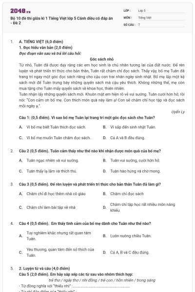 Bộ 10 đề thi giữa kì 1 Tiếng Việt lớp 5 Cánh diều có đáp án - Đề 2