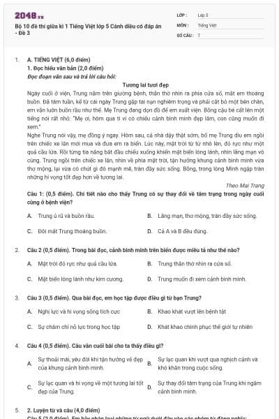 Bộ 10 đề thi giữa kì 1 Tiếng Việt lớp 5 Cánh diều có đáp án - Đề 3