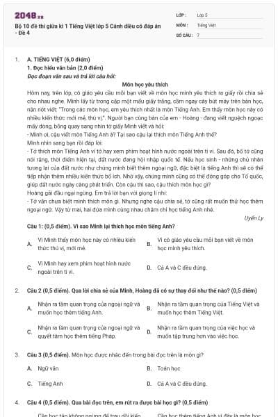 Bộ 10 đề thi giữa kì 1 Tiếng Việt lớp 5 Cánh diều có đáp án - Đề 4