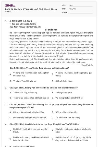 Bộ 10 đề thi giữa kì 1 Tiếng Việt lớp 5 Cánh diều có đáp án - Đề 5