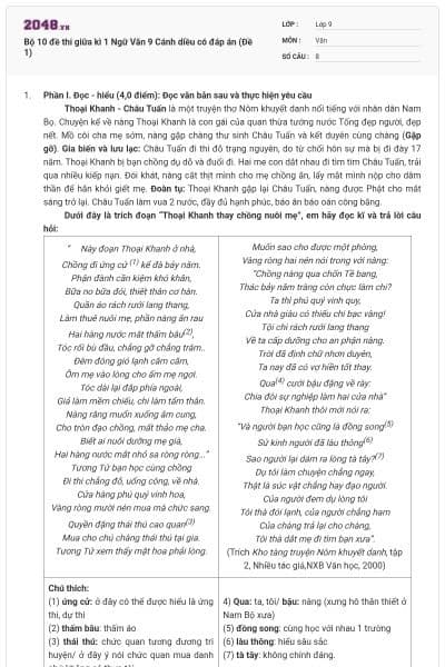 Bộ 10 đề thi giữa kì 1 Ngữ Văn 9 Cánh diều có đáp án (Đề 1)