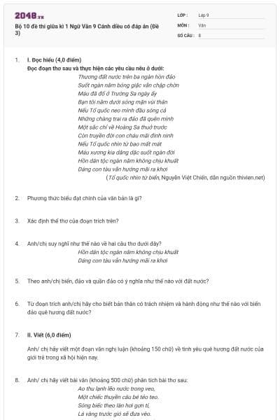 Bộ 10 đề thi giữa kì 1 Ngữ Văn 9 Cánh diều có đáp án (Đề 3)