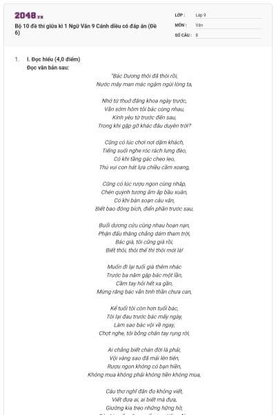 Bộ 10 đề thi giữa kì 1 Ngữ Văn 9 Cánh diều có đáp án (Đề 6)