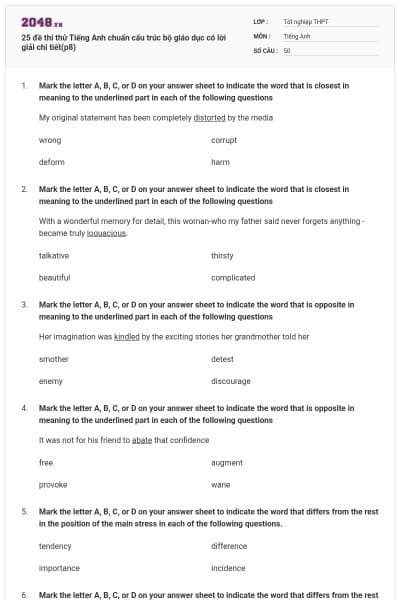 25 đề thi thử Tiếng Anh chuẩn cấu trúc bộ giáo dục có lời giải chi tiết(p8)