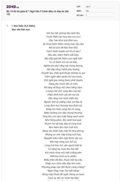 Bộ 10 đề thi giữa kì 1 Ngữ Văn 9 Cánh diều có đáp án (Đề 10)