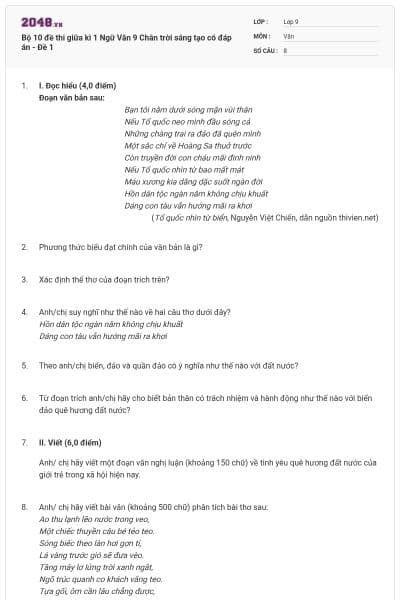 Bộ 10 đề thi giữa kì 1 Ngữ Văn 9 Chân trời sáng tạo có đáp án - Đề 1