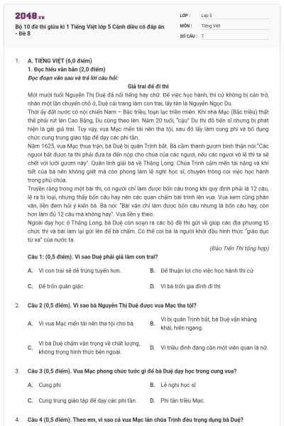 Bộ 10 đề thi giữa kì 1 Tiếng Việt lớp 5 Cánh diều có đáp án - Đề 8