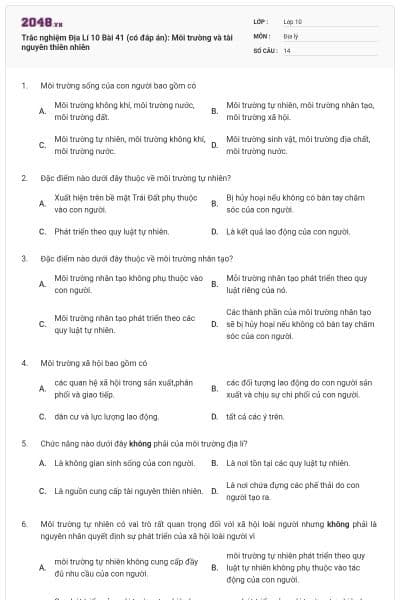 Trắc nghiệm Địa Lí 10 Bài 41 (có đáp án): Môi trường và tài nguyên thiên nhiên