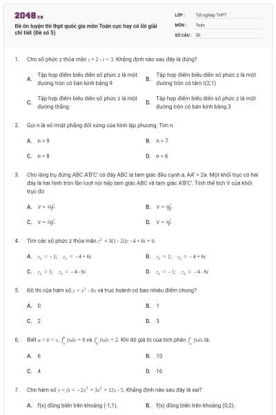 Đề ôn luyện thi thpt quốc gia môn Toán cực hay có lời giải chi tiết (Đề số 5)