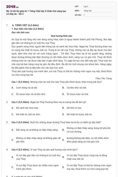 Bộ 10 đề thi giữa kì 1 Tiếng Việt lớp 5 Chân trời sáng tạo có đáp án - Đề 2
