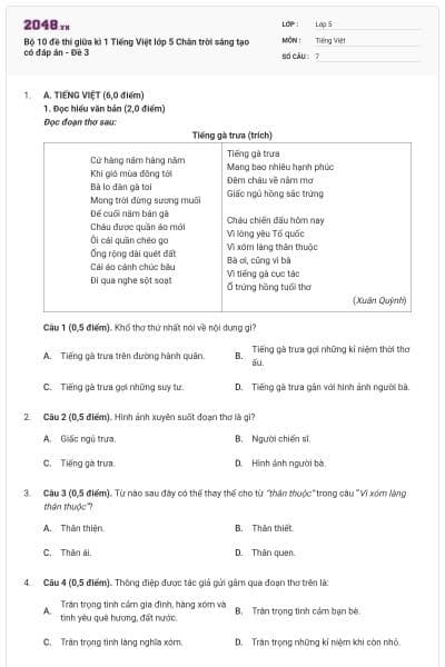 Bộ 10 đề thi giữa kì 1 Tiếng Việt lớp 5 Chân trời sáng tạo có đáp án - Đề 3