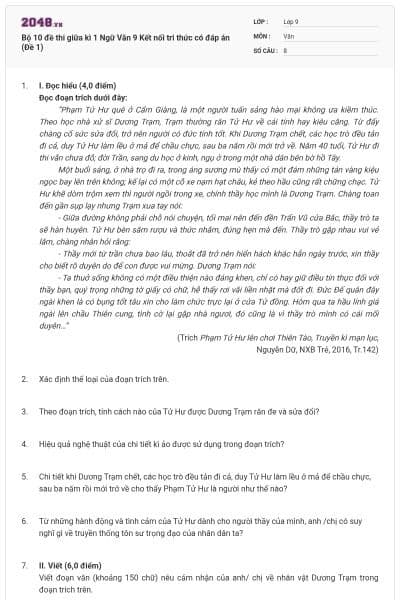 Bộ 10 đề thi giữa kì 1 Ngữ Văn 9 Kết nối tri thức có đáp án (Đề 1)
