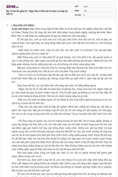 Bộ 10 đề thi giữa kì 1 Ngữ Văn 9 Kết nối tri thức có đáp án (Đề 2)