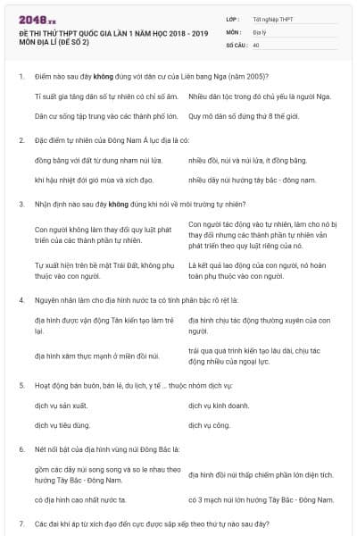 ĐỀ THI THỬ THPT QUỐC GIA LẦN 1 NĂM HỌC 2018 - 2019 MÔN ĐỊA LÍ (ĐẾ SỐ 2)