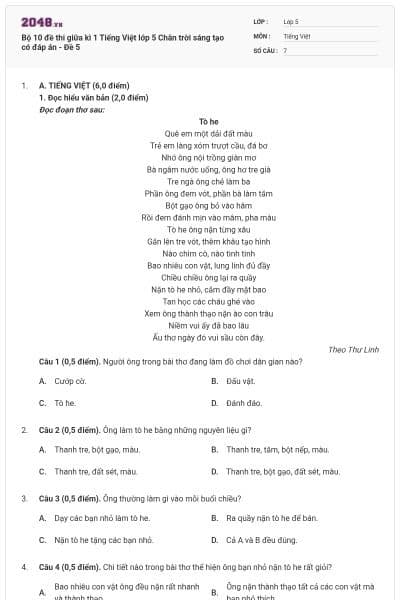 Bộ 10 đề thi giữa kì 1 Tiếng Việt lớp 5 Chân trời sáng tạo có đáp án - Đề 5