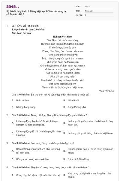 Bộ 10 đề thi giữa kì 1 Tiếng Việt lớp 5 Chân trời sáng tạo có đáp án - Đề 6