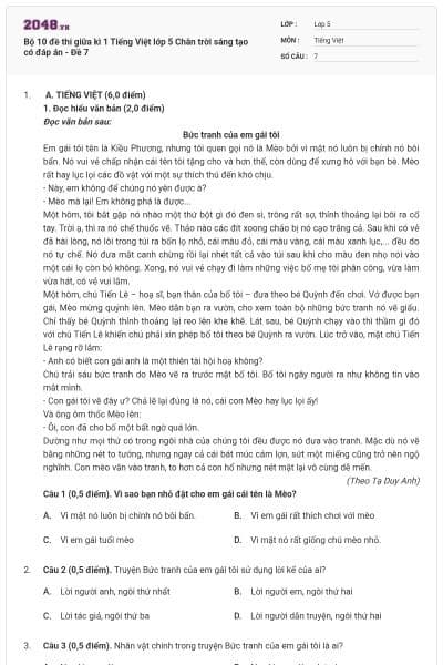 Bộ 10 đề thi giữa kì 1 Tiếng Việt lớp 5 Chân trời sáng tạo có đáp án - Đề 7