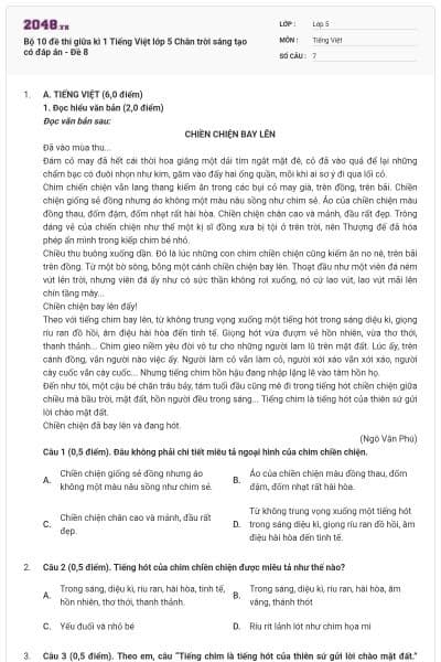 Bộ 10 đề thi giữa kì 1 Tiếng Việt lớp 5 Chân trời sáng tạo có đáp án - Đề 8