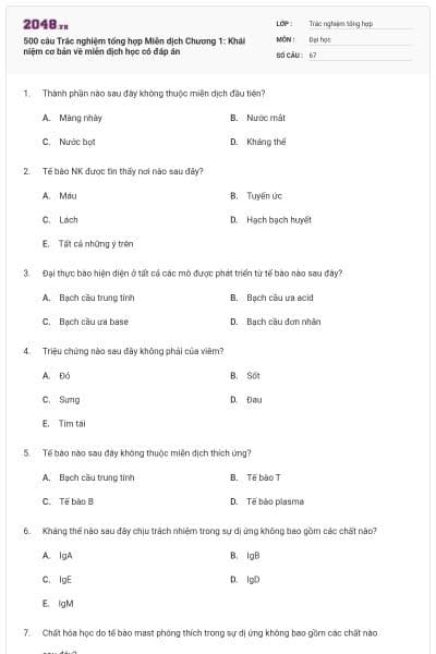 500 câu Trắc nghiệm tổng hợp Miễn dịch Chương 1: Khái niệm cơ bản về miễn dịch học có đáp án