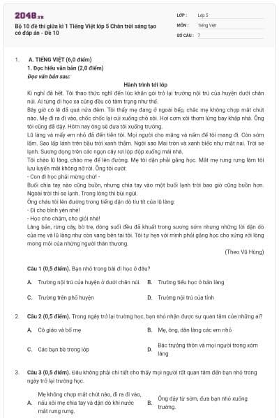 Bộ 10 đề thi giữa kì 1 Tiếng Việt lớp 5 Chân trời sáng tạo có đáp án - Đề 10