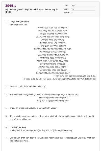 Bộ 10 đề thi giữa kì 1 Ngữ Văn 9 Kết nối tri thức có đáp án (Đề 6)